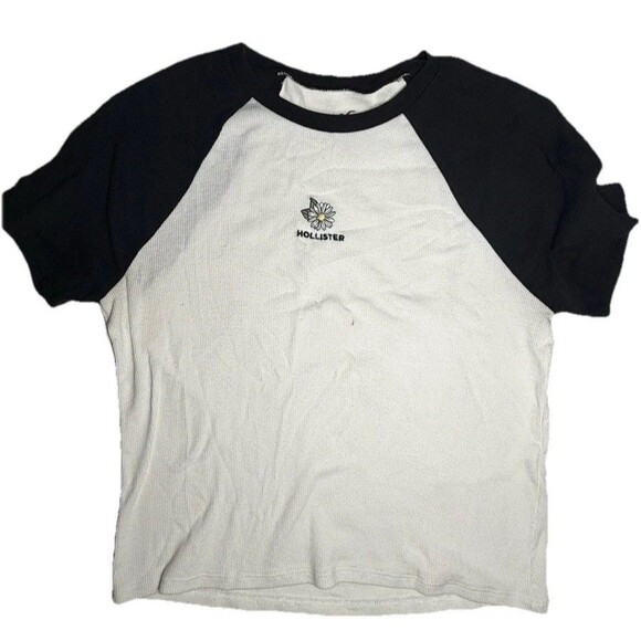 Hollister Raglan Short Sleeve Baby Tee Juniors Large White Black Crew Neck Crop - Picture 1 of 5